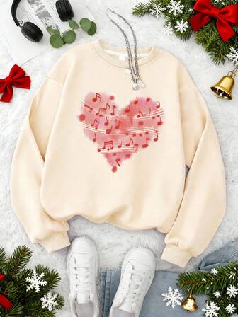 Tween Girl Style, Round Neck Sweatshirt With Musical Note And Heart Print Pattern, Fashionable, Loose, Comfortable And Casual, Suitable For Travel, Gatherings And Parties