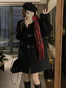 Solid Color Pocket Casual & Date Collegiate Winter Women Wool Blend Jacket - Black - View 1