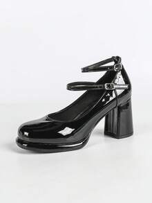 女士黑色圆头粗跟复古派对休闲优雅校园风日常简约舒适厚底玛丽珍高跟鞋 - 黑色 - 查看 6