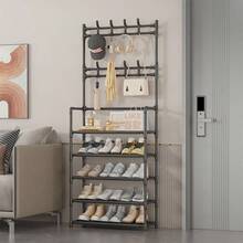 Multifunctional Metal Storage Rack With 8 Double Hooks, 5 Tier Clothes Hat Shoes Organizer Suitable For Bedroom, Living Room, Entrance And Office, Easy To Assemble - 黑色 - 查看 8