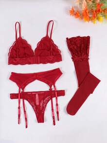 Floral Lace Garter Lingerie Set - Red - View 2