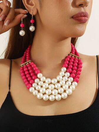 1 Set de Collar Multicapa de Perlas Falsas de Moda para Mujer