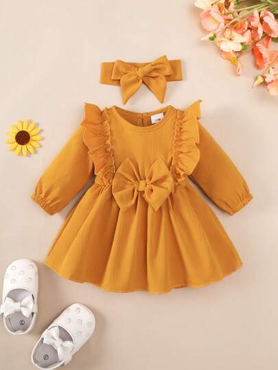 2pcs Baby Girls Ruffle Hem Bow Decor Long Sleeve Dress & Headband Set