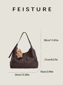 1 pieza Bolso de hombro de mujer de gran capacidad de unicolor FEISTURE PU, con cierre magnético y colgante de peluche, adecuado para salidas diarias, citas y viajes - Café - Ver 9