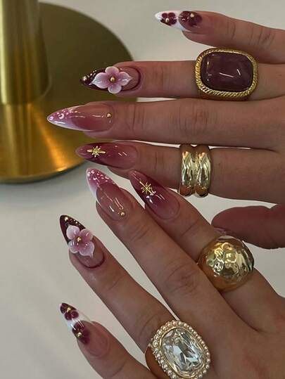 24 pièces/set Ongles à presser en forme d'amande élégants avec motif tie-dye bordeaux et étoilé, décorés de fleurs et de perles dorées. Comprend le vernis gel et la lime à ongles. Convient aux filles/femmes pour un usage quotidien, les fêtes, l'automne