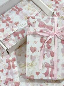 60/30/10 情人节爱心玫瑰礼盒包装纸 - 20x34 英寸玫瑰花束及爱心蝴蝶结设计，轻便保护包装，粉色爱心蝴蝶结，玫瑰花束设计，爱心气球风格，用于礼品包装，易碎物品保护 - 白底蝴蝶結愛心 - 查看 2