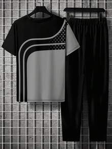 Men's Printed Crew Neck Short Sleeve T-Shirt And Pants Set - Grey - View 3