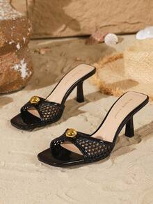 On feet& in love 女士时尚优雅编织方头带凉拖鞋，露趾高跟凉鞋，适合搭配连衣裙 - 黑色 - 查看 5