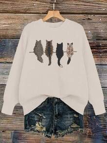 Women's Winter Cute Cats Graphic Long Sleeve Crew Neck Sweater - Beige - View 5