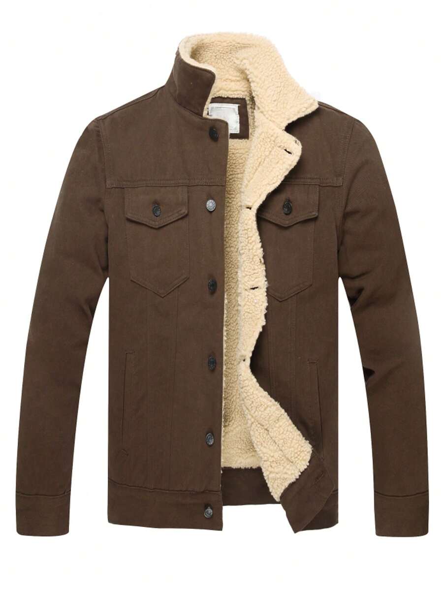 Autumn And Winter Men's Jacket Men's Denim Fleece Jacket Winter Casual Thickened Denim Jacket For Men - 咖啡棕 - 查看 1