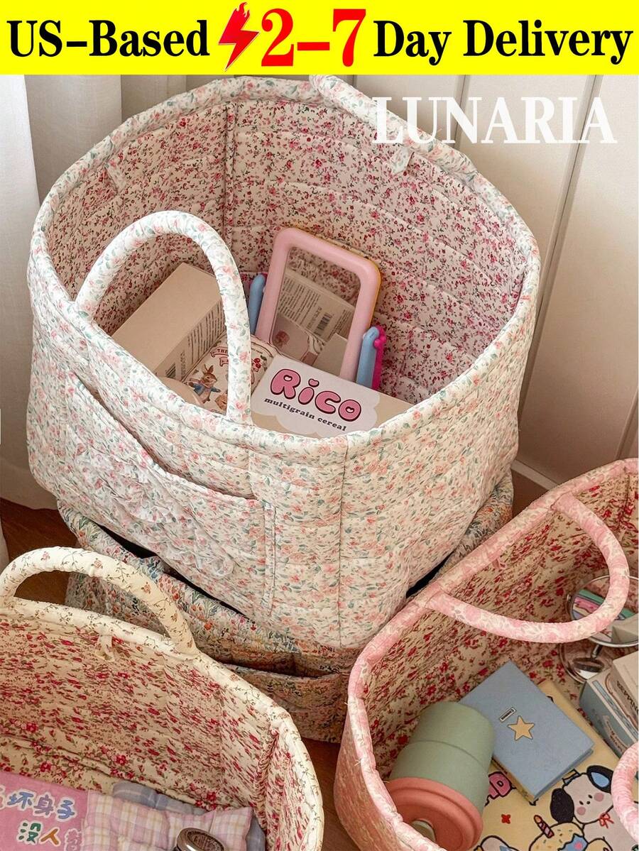 1Pc Floral Print Quilted Storage Basket Laundry Basket Large Capacity Portable Storage Bag Foldable Snack Basket With Handle For Women And Girls Cosmetic Storage Basket Toy Storage Basket Skincare Storage Basket Women Makeup Storage Multifunctional Storage Basket Cosmetic Organizer Home Decor Livingroom Bedroom Decor Bathroom Decor - 彩色 - 查看 1