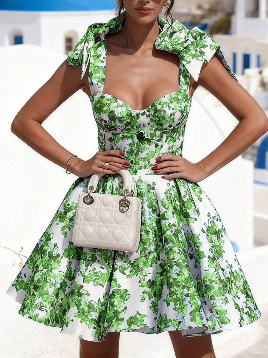 女士性感低胸度假风修身印花系带A字迷你露背吊带短裙，复古优雅摇摆派对薄纱雪纺伴娘鸡尾酒晚礼服，新款休闲连衣裙，春夏秋季 - 彩色 - 查看 1