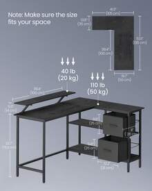 L-Shaped Desk With 2 Spacious Drawers, Gaming Desk With Monitor Stand, Corner Desk, Computer Desk With Adjustable Storage Shelf, For Home Office, Ebony Black - Black - View 5