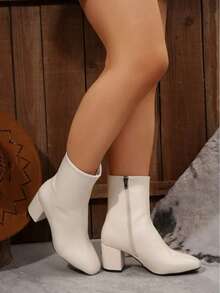 Square-Toe Knee-High Boots, Matte Leather Denim/Riding Boots, Chunky Heel, Slim Fit, Warm Lining For Autumn And Winter, Women's Boots. - 純白色 - 查看 4