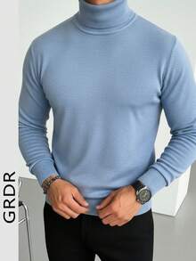 GRDR Herrtröja med långa ärmar och hög hals, vanlig axel, mångsidig för dagligt bruk, stickad pullover - Babyblå - Visa 4