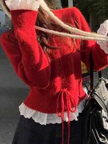 Vintage Sweet & Gentle Christmas Drawstring Crew Neck Knit Cardigan - Red - View 4