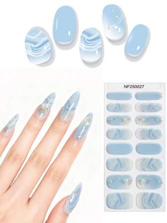 16 tips halvhärdade gelnagelfolier, mjuka och delikata nagellack med klara och glänsande kristaller, mjuka ljusrosa naken aprikosblå, med rutiga stjärnor och fjärilsvattenvågor, enkel och delikat, salongskvalitet, behöver användas med UV-lampor, lätt att applicera och lossa, lämplig för kvinnor och tjejer, daglig fest, dejting, gör-det-själv, mode, nagelkonsttillbehör