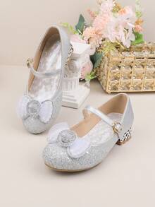 Mädchen Festliche Schuhe, geeignet für Aufführungen, Hochzeiten, Partys, Feiertage, bequeme und vielseitige Ballerinas mit Schnallenverschluss, geeignet für Kleinkind kleine Mädchen und große Mädchen, klassisches silbernes Strass-Schleifendesign, geeignet für alle Jahreszeiten und Anlässe - Silber - Übersicht 1