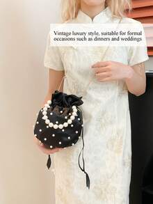 Mini Pearl Handbag Bucket Bag Stylish And Elegant Shoulder Bag Crossbody Bag Pearl Beaded Evening Bag Clutch Wallet Chain Bag Soft Satin Material Suitable For Commuting, Gatherings, Dinners, Parties And Other Occasions Christmas Gift Birthday Gift Perfect Choice For Women's Graduation Gifts Valentine's Day Gifts - màu đen - Xem 4