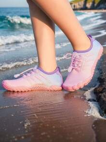 Kids Summer New Aqua Shoes, Striped Print, Breathable Mesh, Low-Top Hook And Loop, Quick-Dry Barefoot, Girls Beach/Swimming Shoes, Rubber Non-Slip Sole, Outdoor Cycling, Indoor Fitness Yoga Running Jumping Multifunctional Training Shoes - Pink - View 6