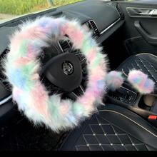 Cute Rainbow Fluffy Steering Wheel Covers For Women Long Fuzzy Wool Sheepskin 15 Inch(Pink) - 粉色 - 查看 4