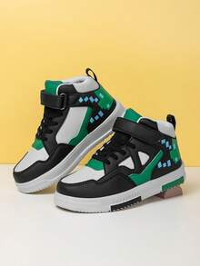 1 Pair Fashion Children Comfortable Sports Shoes, Girls New Hook And Loop Closure Running Shoes, Boys All Season Contrast Color Mid-Top Skate Shoes