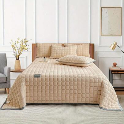 Milk Velvet Quilted Bed Cover 3pcs Set (Bed Cover + A Pair Of Pillowcases)- Simple All-Season Bedding, Perfect For Summer Air Conditioning And Winter Mattress