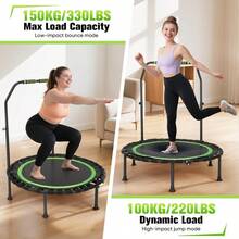 Fitness Trampoline Indoor For Home, Foldable Mini Trampoline With Grab Bar, Height Adjustable, Workout & Cardio Training, Load Capacity 150 Kg For Adults - Green - View 9