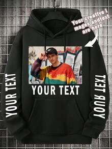 Customized Men's Hooded Sweatshirt, Personalize With Your Photo/Group Photo/Couple/Couples/Family/Friends/Pet/Landscape, Input Your Desired Text, Men's Black Hoodie, Men's Fleece Hoodie, Autumn Clothing, Best Friend Gift, Personalized Christmas Gift, Winter Men's Wear, Valentine's Day/Father's Day/Anniversary/Birthday Gift, Gift For Him, Halloween Hoodie, Christmas Hoodie - Black - View 1