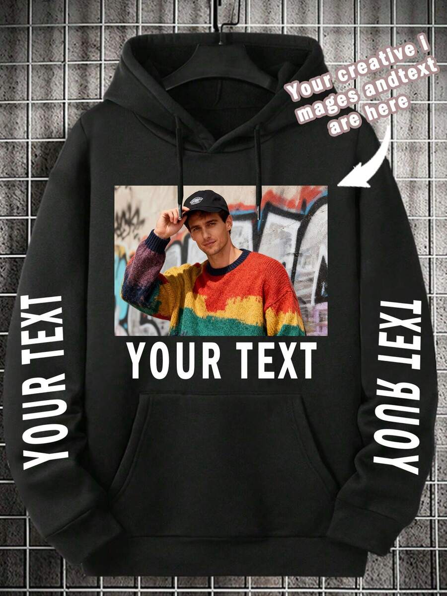 Customized Men's Hooded Sweatshirt, Personalize With Your Photo/Group Photo/Couple/Couples/Family/Friends/Pet/Landscape, Input Your Desired Text, Men's Black Hoodie, Men's Fleece Hoodie, Autumn Clothing, Best Friend Gift, Personalized Christmas Gift, Winter Men's Wear, Valentine's Day/Father's Day/Anniversary/Birthday Gift, Gift For Him, Halloween Hoodie, Christmas Hoodie - Black - View 1