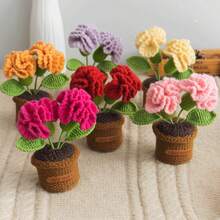 Handmade Crochet Flower Bouquet Desktop Decor, Handwoven Artificial Potted Plant, Creative Crochet Desktop Ornament, Suitable As Mother's Day, Anniversary, Birthday, Valentine's Day Gift, Or Home/Office Desk Decoration For Mom, Friends, Girlfriend - Multicolor - View 7