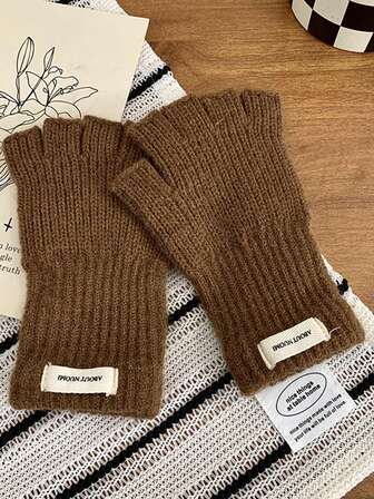 1 par de guantes sin dedos de punto de unicolor y de moda para mujer, adecuados para el uso diario en otoño/invierno y para mantener el calor + Equipo de invierno + Guantes de oso + Navidad