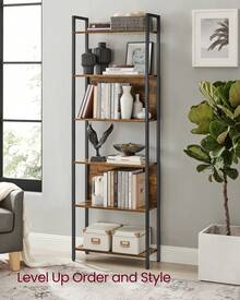Bookcase, Kitchen Shelf, Standing Shelf With 6 Open Shelves, Hallway, Kitchen, Office, Sturdy Steel Frame, Industrial Design, 24 X 60 X 186 Cm, Vintage Brown/Ink Black