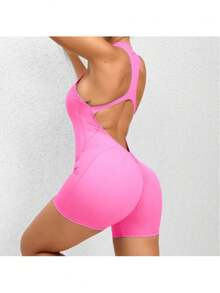 Sexy Backless Butt Lifting Jumpsuit For Women – Tight Bodycon One-Piece Yoga Romper, Stretchy Slimming Activewear Bodysuit - Hồng - Xem 4