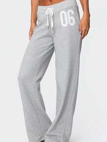 Women 2025 Y2K Jersey Wide Leg Lounge Pants High Waist Drawstring 06 Number Print Preppy Aesthetic Pajama Pants Casual Grunge Pants - Xám - Xem 3