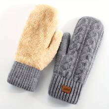 1 Pair Women's Winter Double Layer Fleece Thickened Warm Mittens Knitted Cable Pattern Cold Weather Warm Fashionable Women's Mittens Suitable For Daily Use And Parties For Women And Men - 紅色 - 查看 5