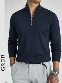 GRDR Men's Casual Long Sleeve Half-Zip Pullover Sweater, Versatile For Daily Wear - Navy Blue - View 2