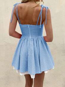 Women Plaid Mini Cami Dress Slim Ruffle Trim Tie-Up Spaghetti Strap A-Line Dress For Daily Party - 藍色 - 查看 2