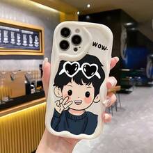 Dark Blue Sweater Heart-Shaped Sunglasses Print And WOW Text Pattern Phone Case, Non-Slip Surface, Exquisitely Designed, Suitable For IPhone 11 Pro Max, 12 Pro, 13 Pro Max, 14 Plus, 15 Plus, 16 Plus, 16 Pro Max, 16e, 17 Pro Max, 17 Pro Max, And Apple Air. - Black - View 4