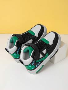 1 Pair Fashion Children Comfortable Sports Shoes, Girls New Hook And Loop Closure Running Shoes, Boys All Season Contrast Color Mid-Top Skate Shoes