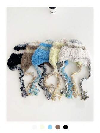 1 st överdimensionerad fluffig randig stickad mössa för kvinnor, varm vindtät öronlappsmössa för höst/vinter