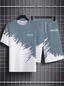 一套“无限”时尚灰白相间3D印花男士休闲运动套装 - 透气涤纶针织面料，圆领短袖T恤和短裤组合，四季皆宜的常规版型 - 彩色 - 查看 3