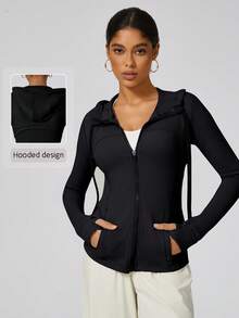NcmRyu 1pc Women's Elastic Fitted Zip Side Pocket Drawstring Hooded Thumb Hole Long Sleeve Sports Jacket - Black - View 1