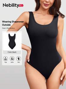 Short Sleeve Bodysuit For Women Black Plus Size T-Shirt Body Suit Basic Workout Casual Going Out - 黑色 - 查看 1
