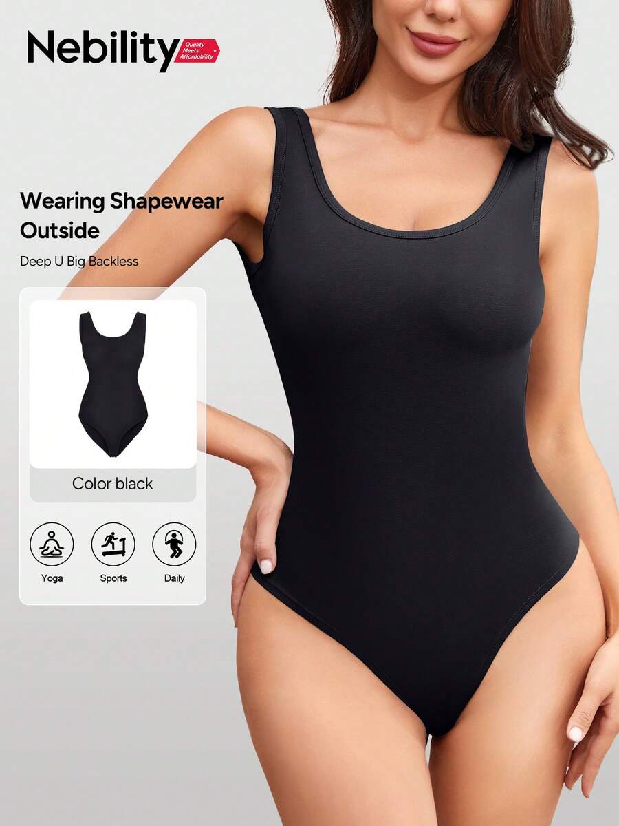Short Sleeve Bodysuit For Women Black Plus Size T-Shirt Body Suit Basic Workout Casual Going Out - 黑色 - 查看 1