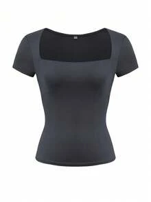 Camiseta de manga corta con cuello cuadrado de punto de unicolor, ajustada y sexy, estilo Y2K para mujer Vaiaye, adecuada para el Día de San Valentín - Gris Oscuro - Ver 3