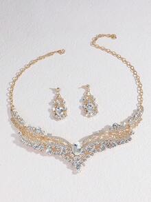 3pcs/Set Exquisite High-End Zinc Alloy Inlaid Crystal Necklaces And Earring Sets, Multifunctional Style, Suitable For Women's Daily Wear, Weddings, Parties, Festivals, Vacation Gifts - Golden - View 5