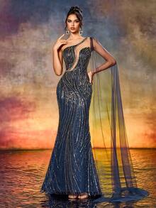 Váy dạ hội đính cườm sequin một bên vai thanh lịch với dây đeo dài bồng bềnh thích hợp cho các buổi lễ trao giải, tiệc tối trang trọng, v.v. - Màu xanh hải quân - Xem 4
