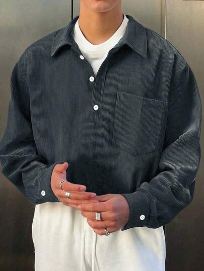 メンズコーデュロイカラー長袖ポロシャツ、カジュアルルーズフィット無地プルオーバートップ、春秋シーズン用