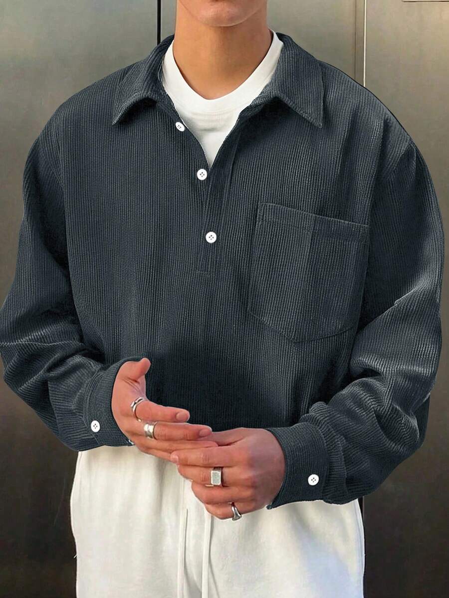 Camisa polo de manga larga con cuello de pana para hombre, ajuste holgado informal de un solo color, para primavera y otoño - Gris Claro - Ver 1
